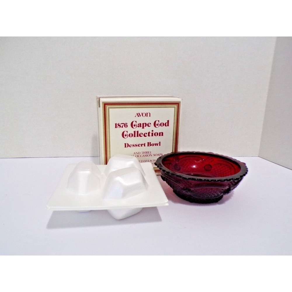 Avon 1876 Cape Cod Collection Soap Dish Dessert Bowl &SoapRuby Red Glass Vintage